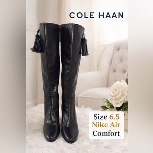 Cole Haan Black Leather Tassel Knee-High Boots Sz 6.5 Nike Air Comfort Chic Luxe
